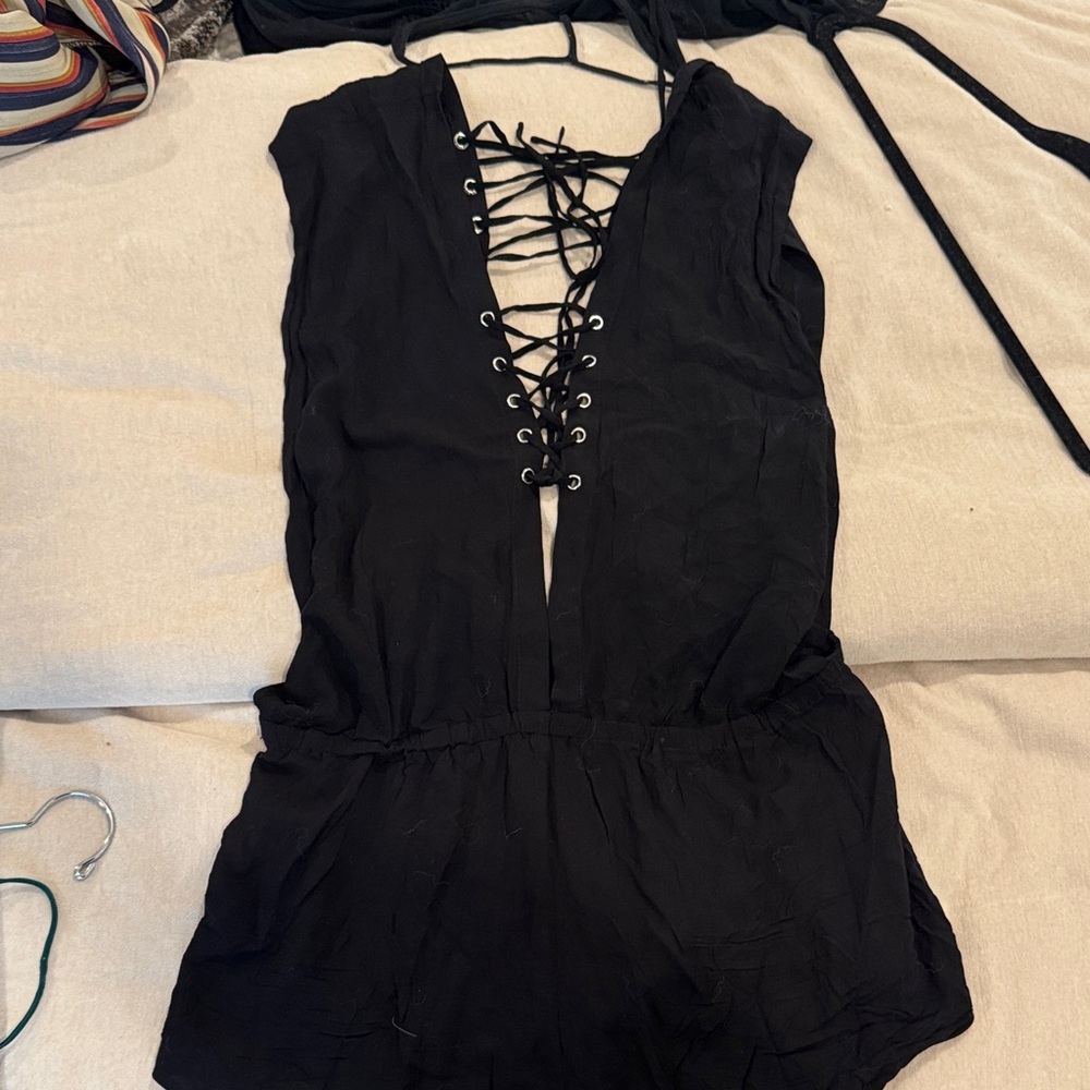 Indah Black Lace-Up romper.